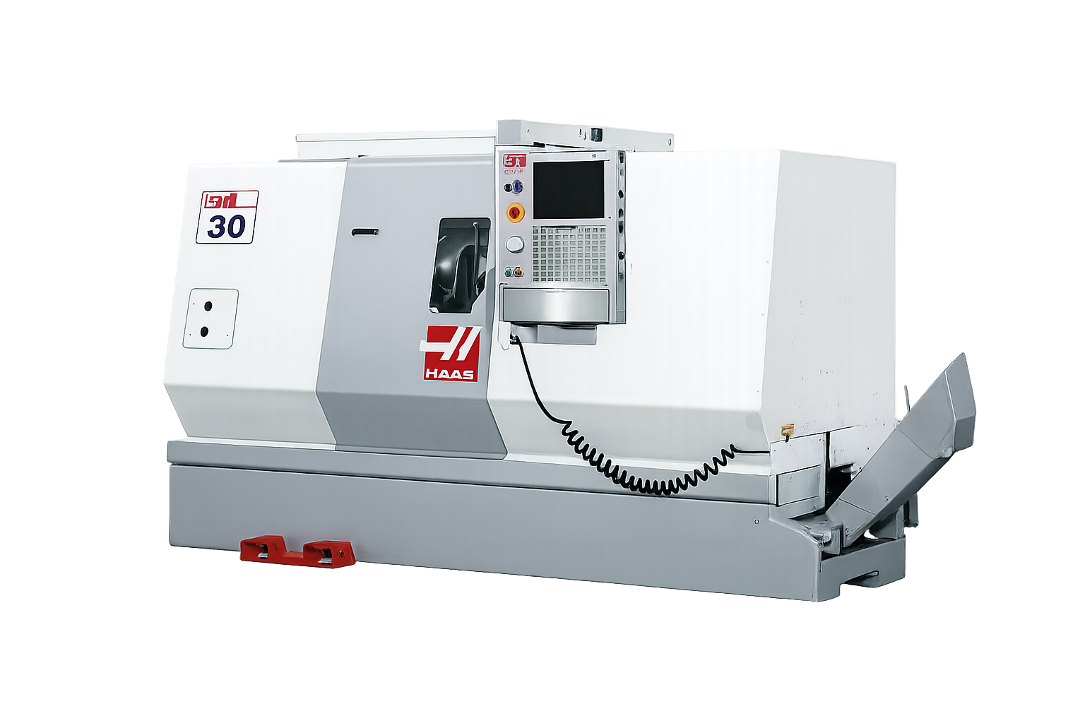 A Haas manufacturing machine, white in color, with a control panel, a black telephone handset, and a coiled cord, used for industrial machining.