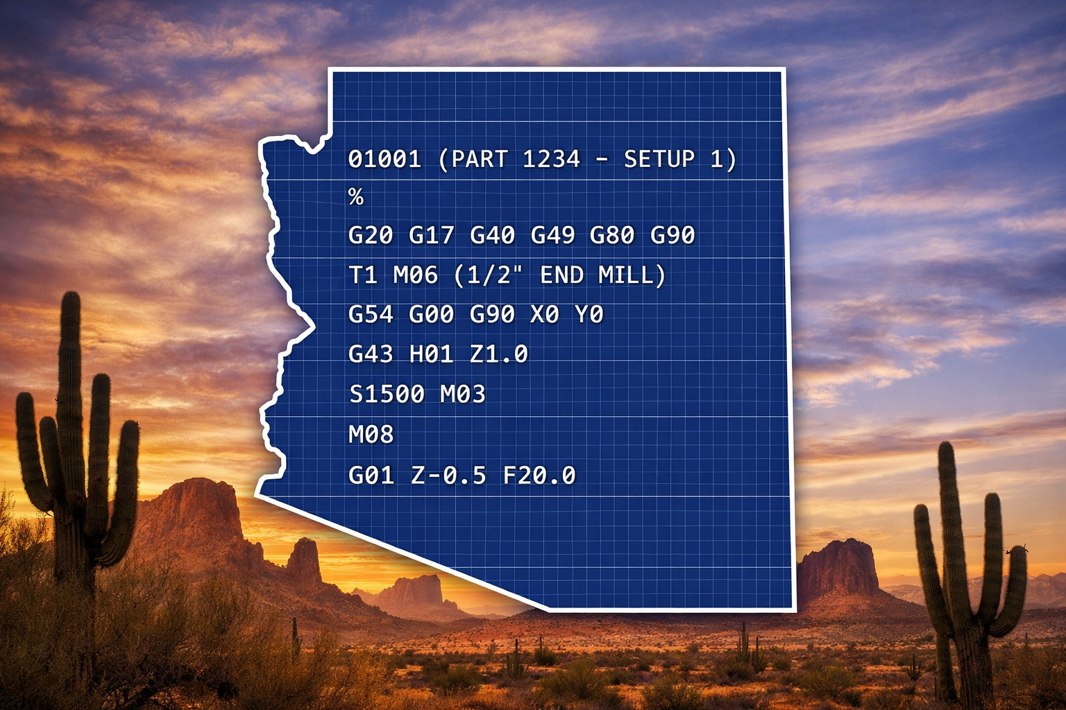 A digital blueprint overlay with machining codes in white on a semi-arid desert landscape at sunset, with cacti and mountain formations.