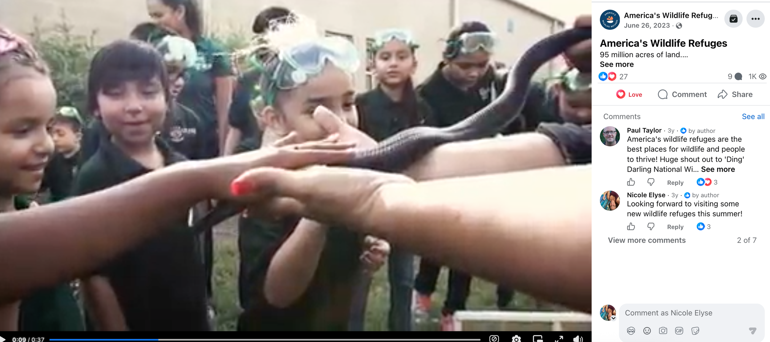 children petting a snake being held by national wildlife refuge personnel