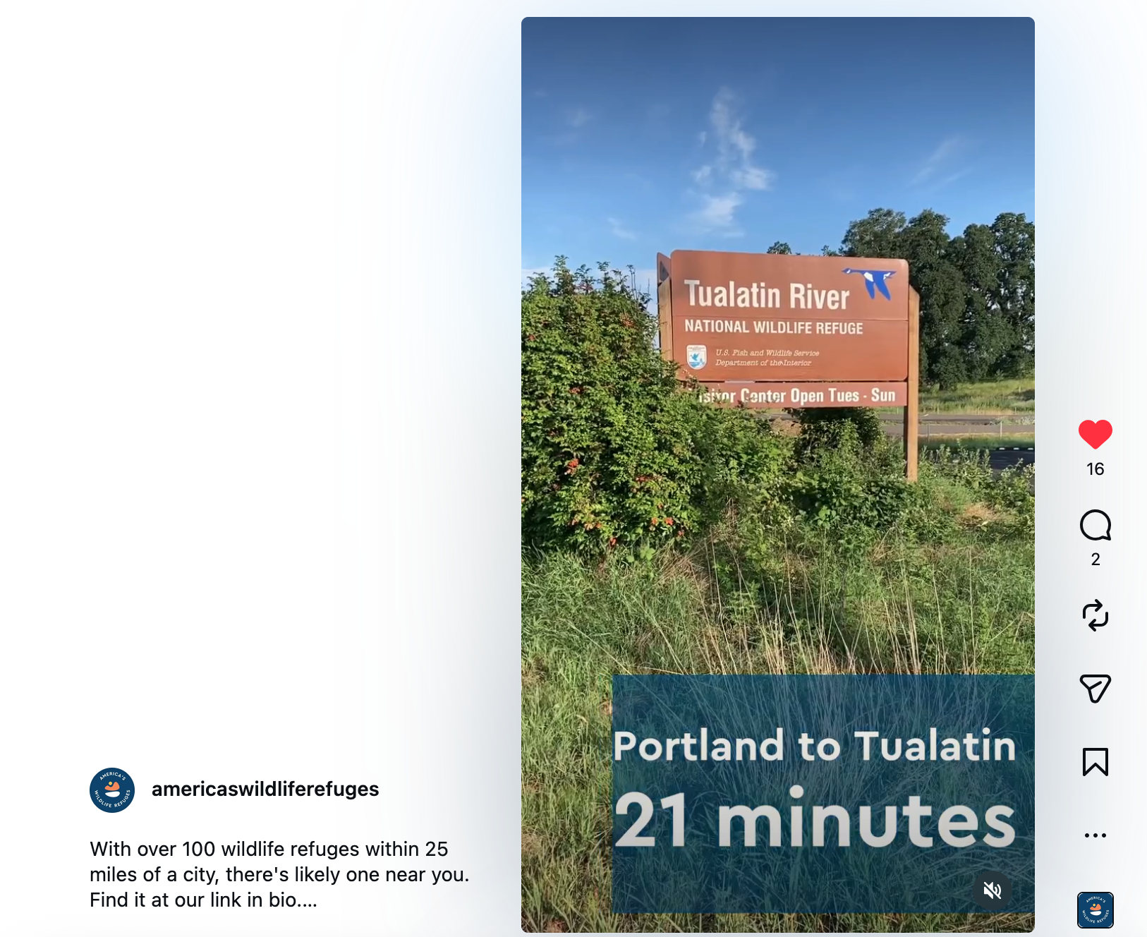 Instagram post showing Tualatin River National Wildlife Refuge sign with "Portland to Tualatin 21 minutes" over grass, trees, and shrubs on the refuge.