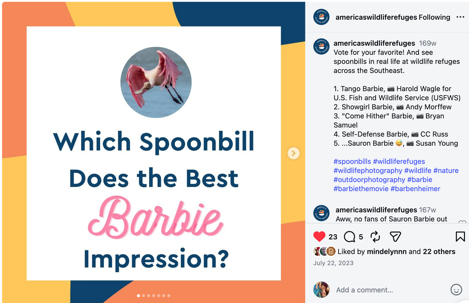Framed by orange, yellow, and dark blue blobs is a picture of a spoonbill, a pink bird with a long, wide beak, with "Which spoonbill does the best Barbie impression?"