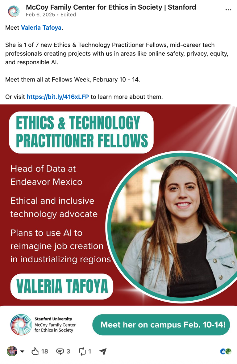 LinkedIn Post with a headshot of Valeria Tafoya, an Ethics & Technology Practitioner Fellow, with an invitation to meet her on campus Feb. 10 - 14