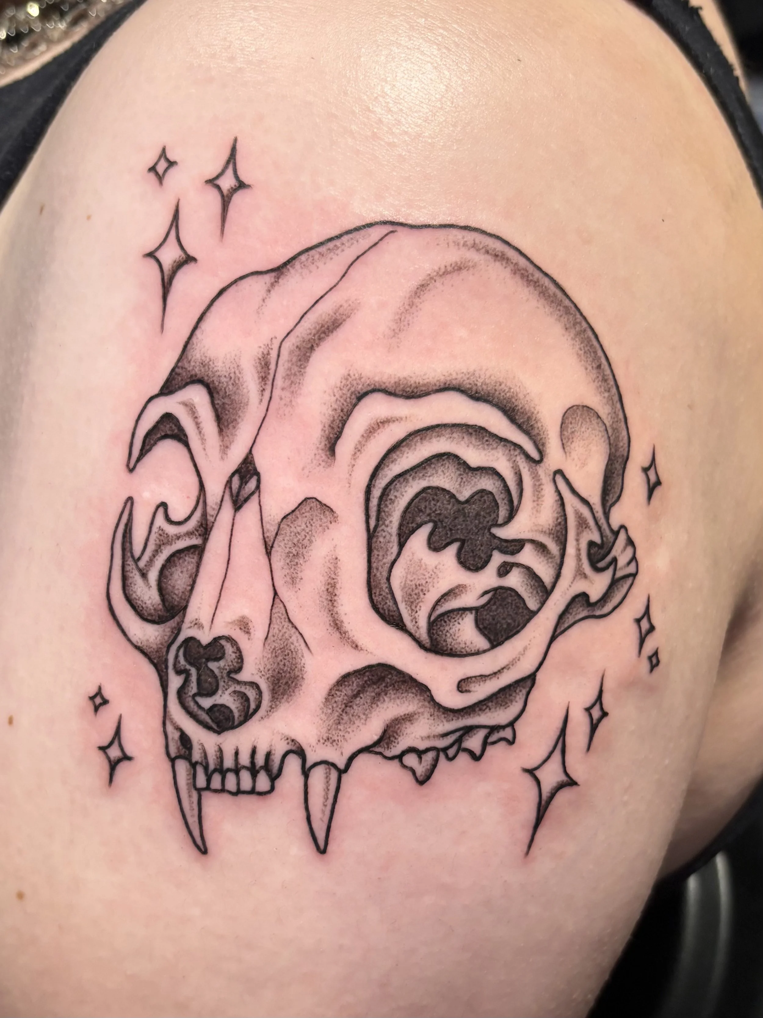A black outline of a skull with decorative elements, including stars and shading, on skin, likely a tattoo.