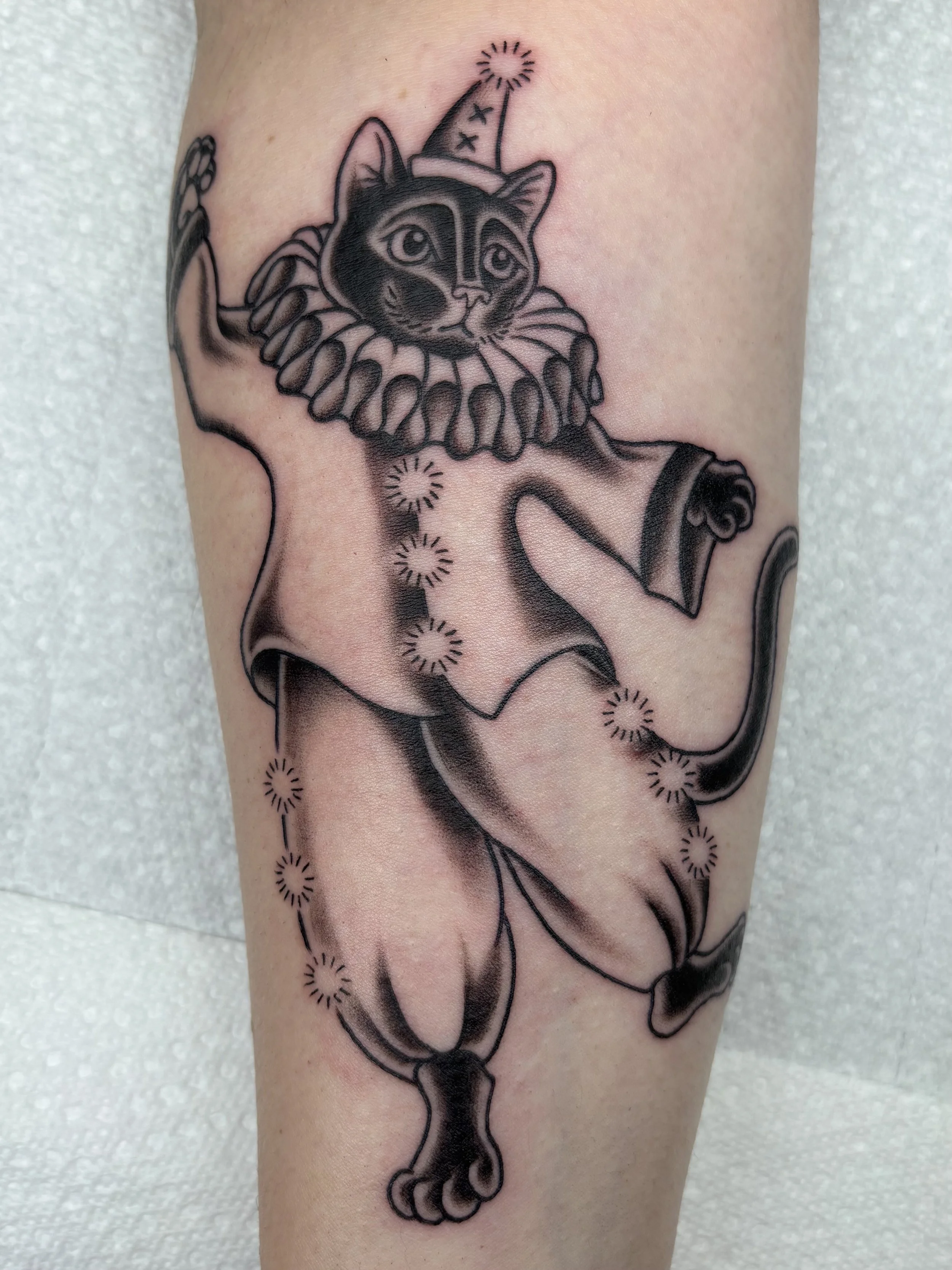 A tattoo of a standing cat with a ruffled collar and a party hat with a spark on top, on someone's skin.