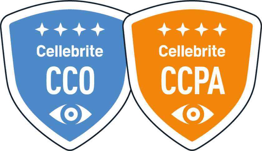 Two shield-shaped logos side by side. The left shield is blue with white text that reads "Cellebrite CCO" and has five stars above it, with an eye symbol below. The right shield is orange with white text that reads "Cellebrite CCPA" and also has five stars above it, with an eye symbol below.