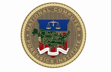 Seal of the National Computer Forensics Institute featuring a tree with circuit lines over an outline of the United States, with a scale symbol above and a banner with Latin text below.