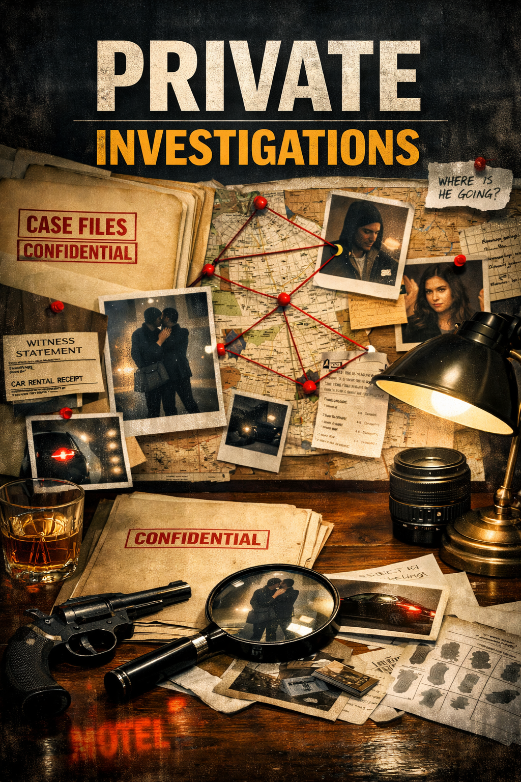 A detective's investigation board with photos, notes, and strings connecting clues, including a gun, magnifying glass, confidential files, and a lamp illuminating the scene.
