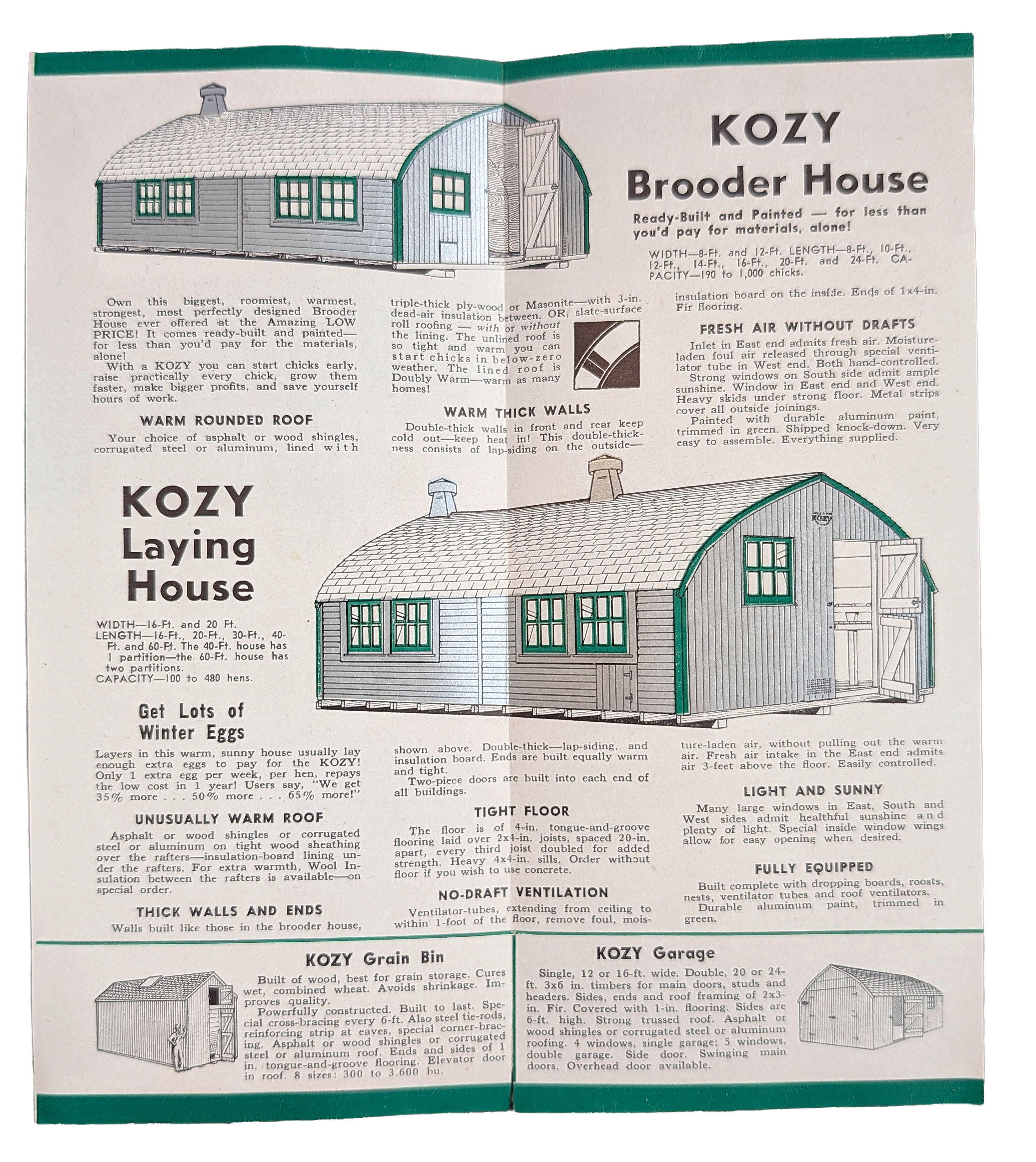 An advertisement for KOZY Brooder House models, illustrating various designs and features of different types of brooder houses and small buildings for poultry farming.