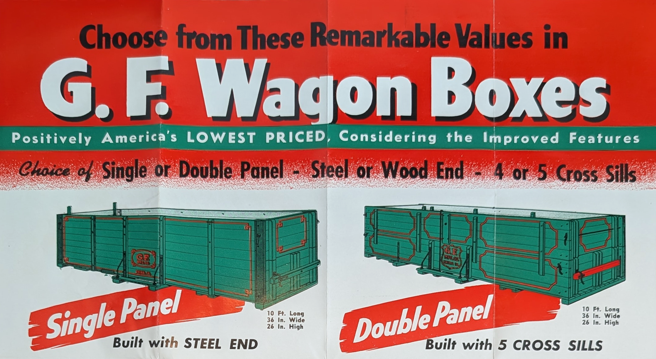 A red and white advertisement for G.F. Wagon Boxes, featuring illustrations of single and double panel wagons with specifications for length, width, and height.