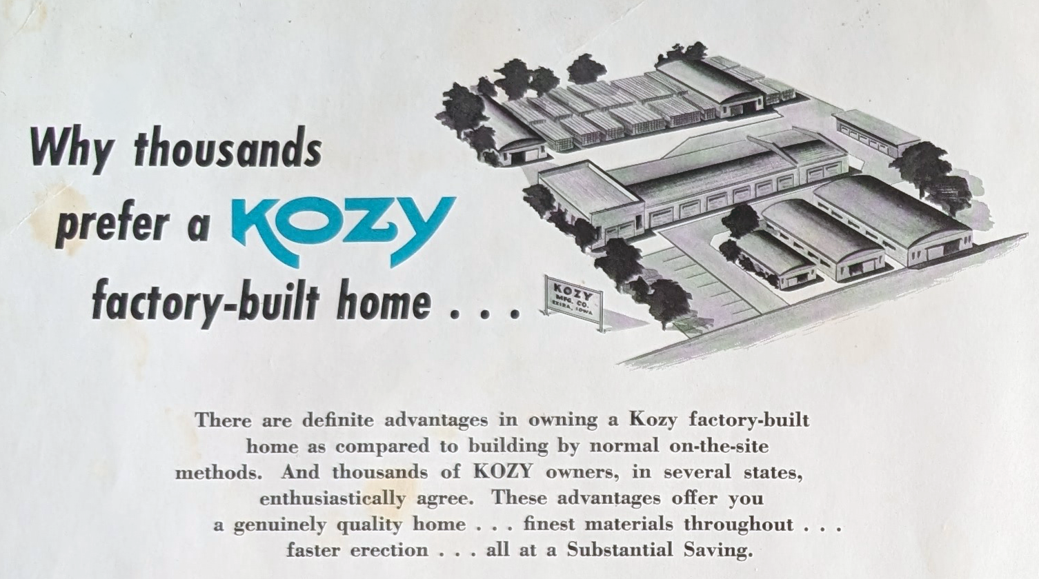 Image of Kozy Manufacturing in Exira Iowa from an old advertising brochure