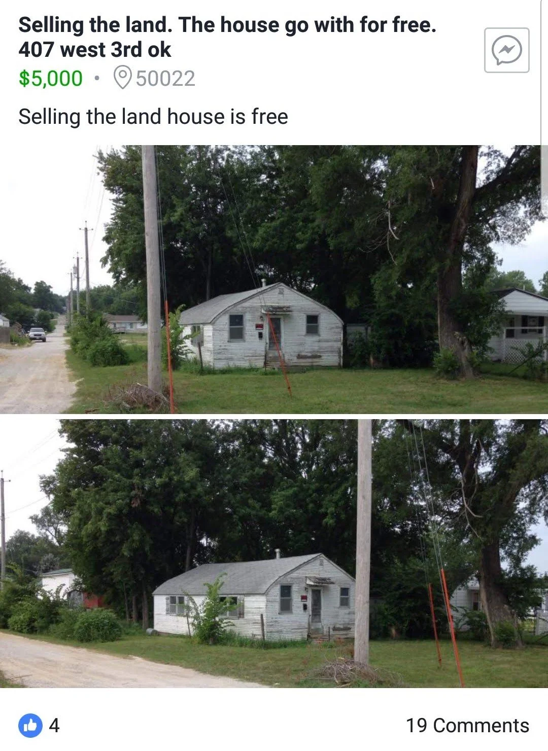 Two photos of a small, white, weathered house with a curved roof, set next to large trees and utility poles. The house appears to be old and in disrepair, with overgrown vegetation around it.