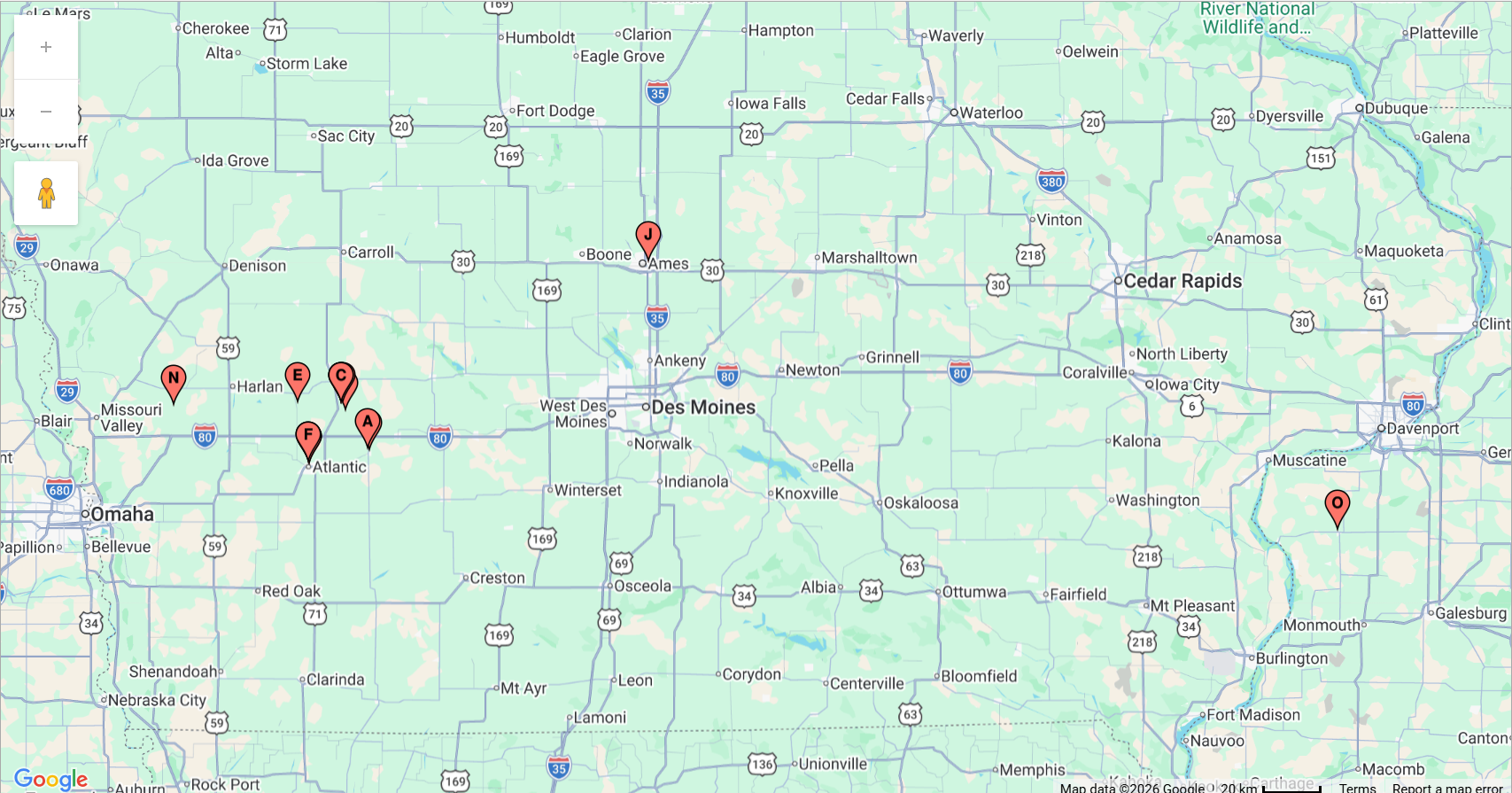 Map of Iowa showing various marked locations with red pins labeled A through O.