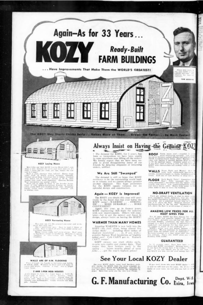 black and white advertisement showing "Again - as for 33 Years...KOZY ready-built farm buildings" and an image of Tom Godwin with kozy chicken and farrowing houses