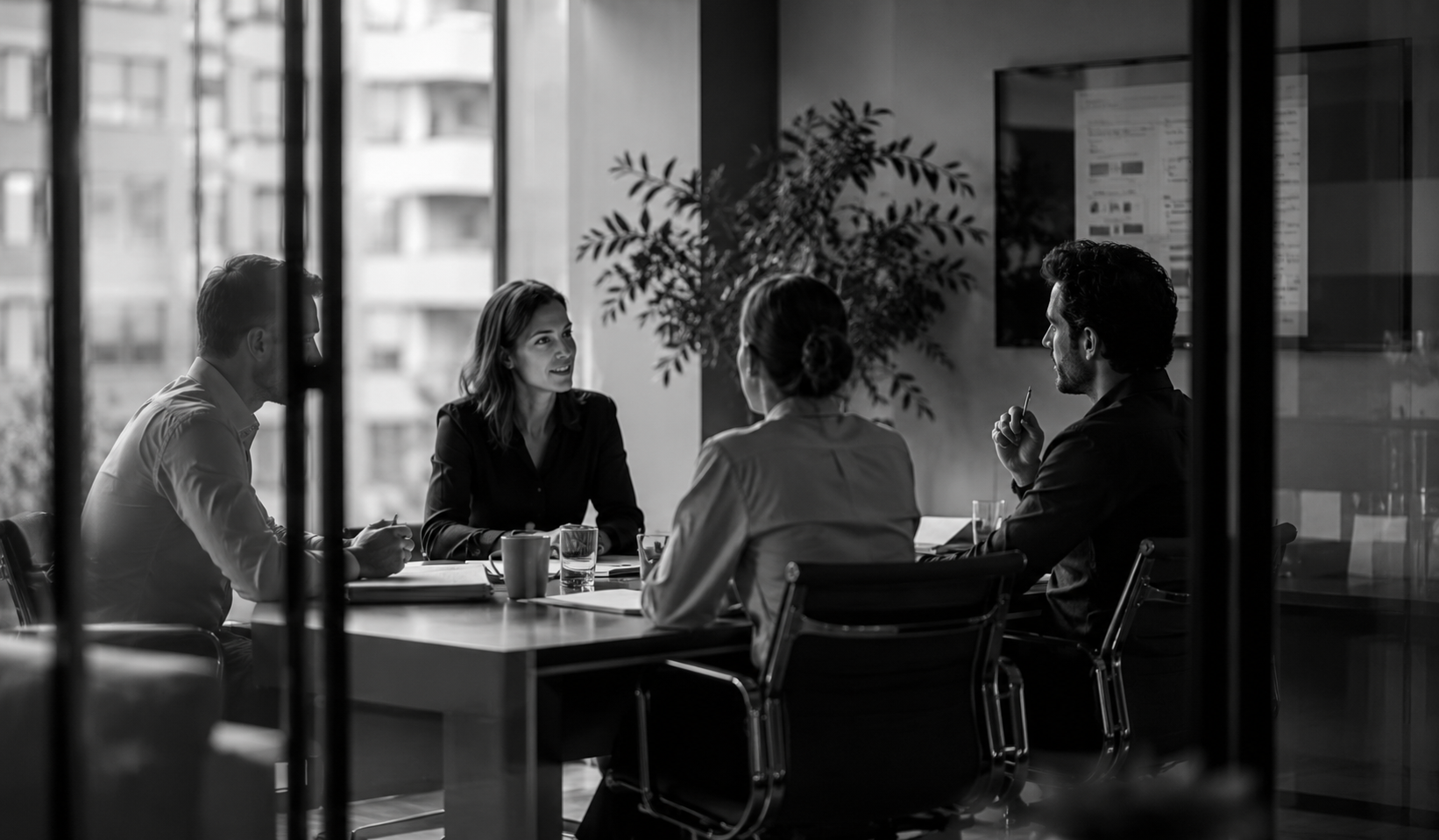 Four people having a business meeting in a conference room with large windows, a wall-mounted screen, and a potted plant, viewed through glass doors.