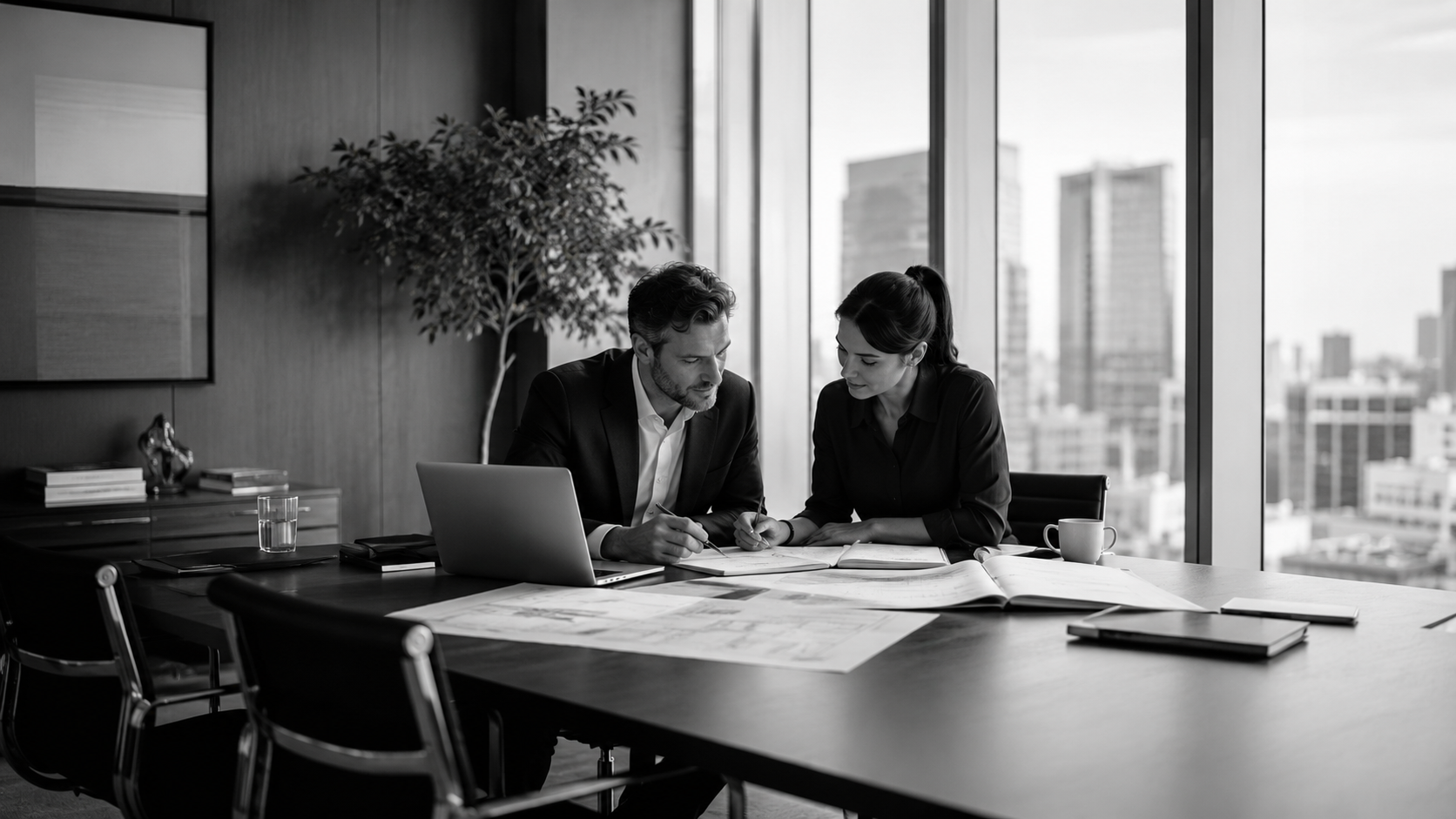 Two professionals, a man and a woman, working together at a conference table with insurance plans, in a modern office with tall windows showing a cityscape.