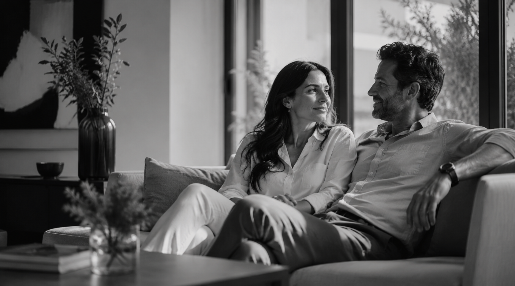 A black-and-white photo of a man and woman sitting on a couch, looking at each other and smiling, inside a modern home with large windows and contemporary decor.