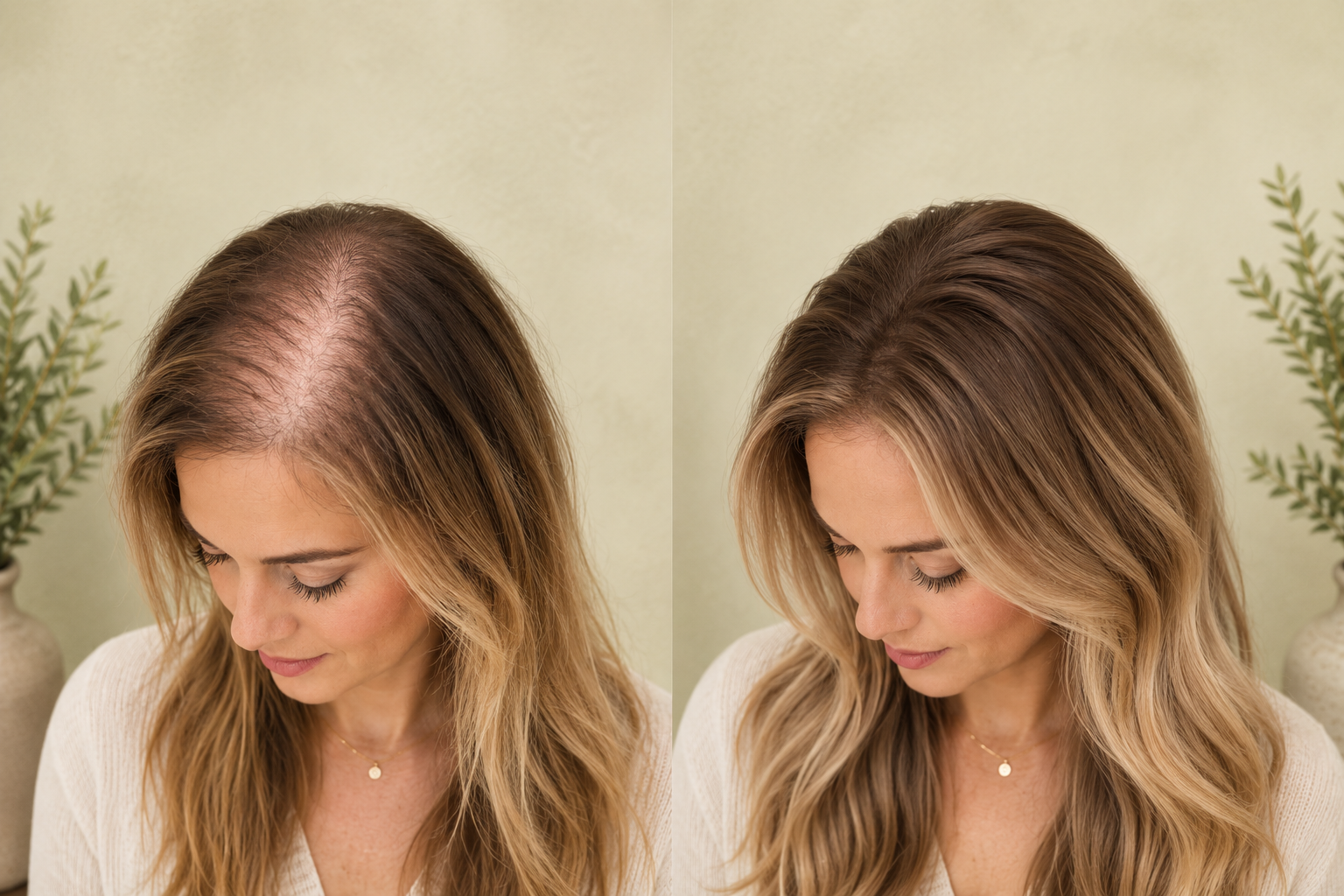 Comparison of a woman's hair before and after hair restoration, showing increased hair density on the right side.