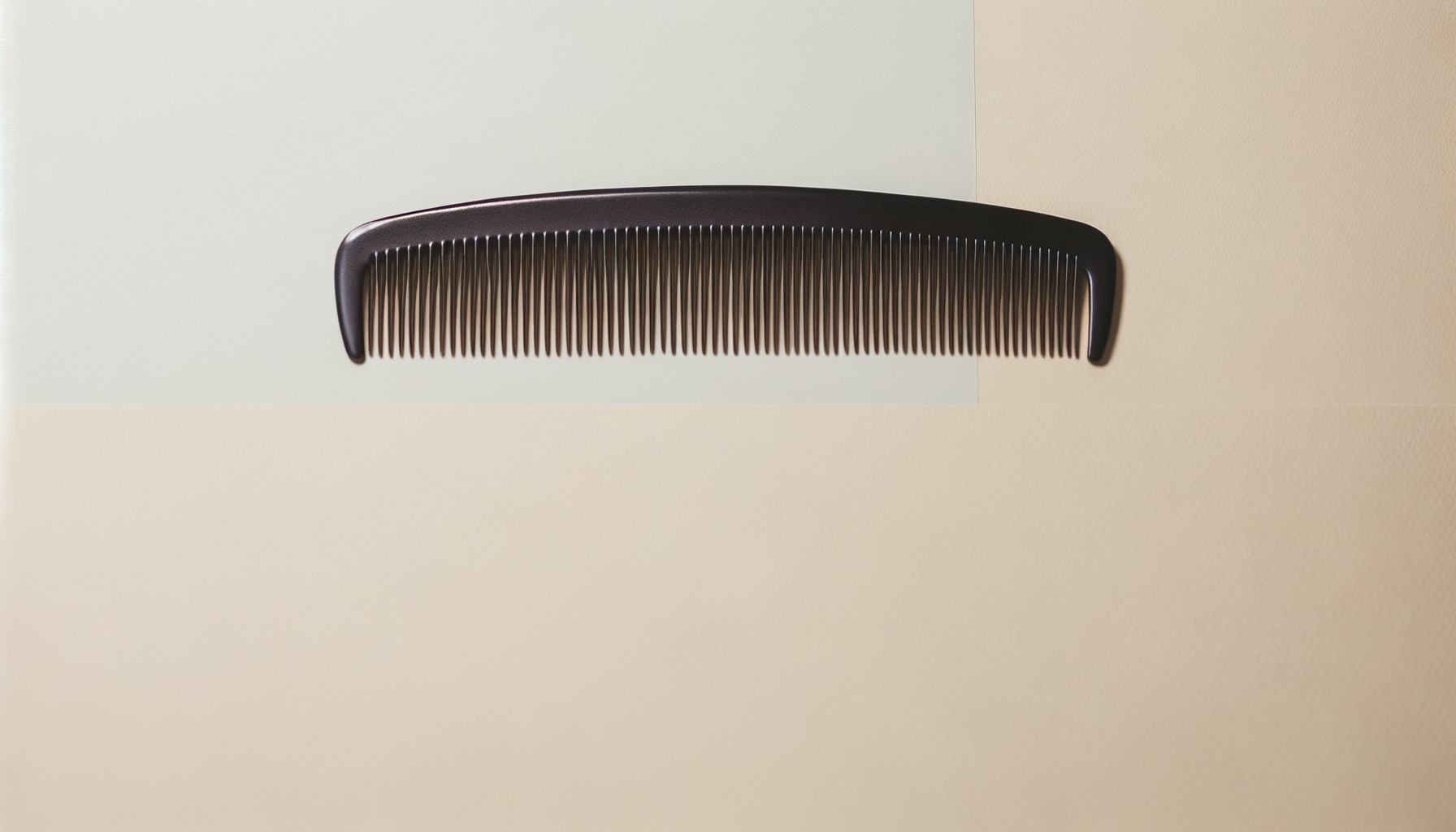A black comb lying on a beige surface with a light gray and light tan background.
