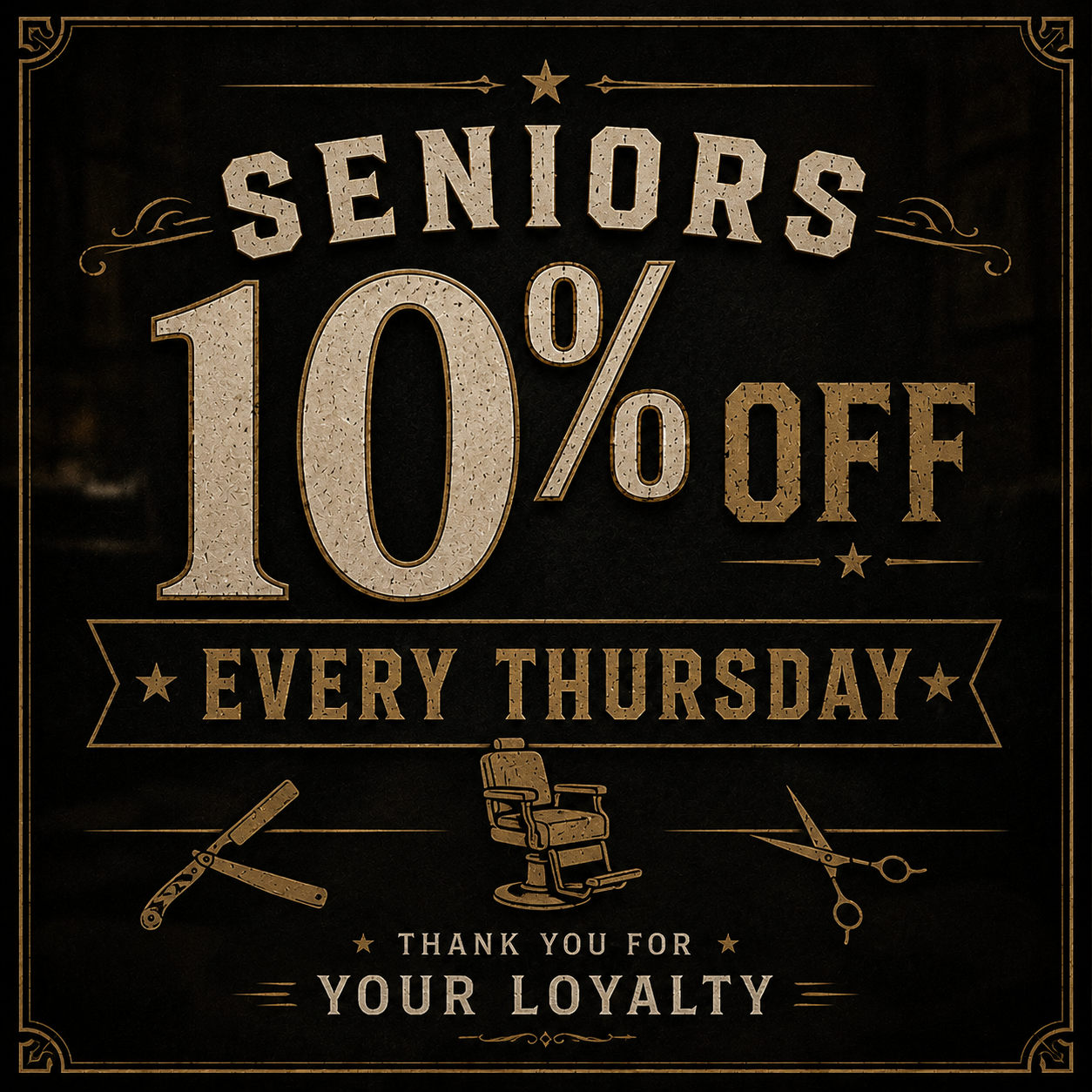 Sign advertising 10% discount for seniors every Thursday, with illustrations of barber tools, barber chair, and scissors.