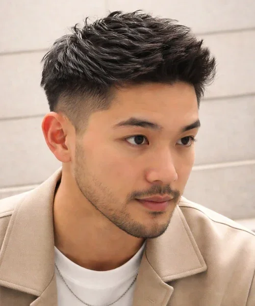 A young man with styled dark hair, beard, and wearing a beige jacket over a white shirt, against a light wooden wall background.