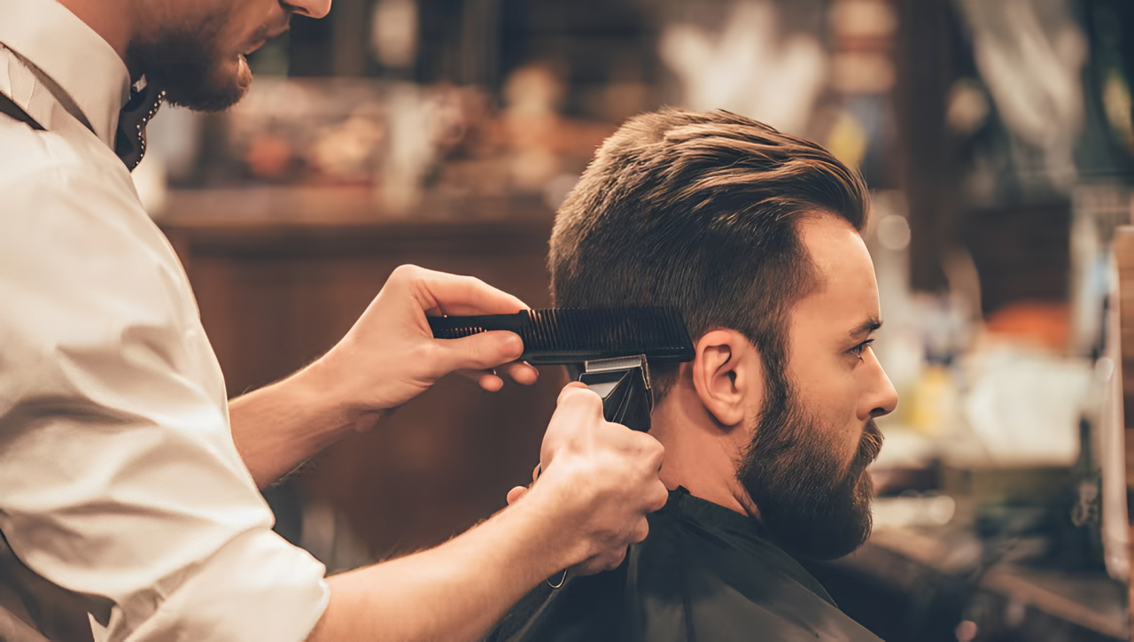 Barber trimming a man's hair in a barbershop.