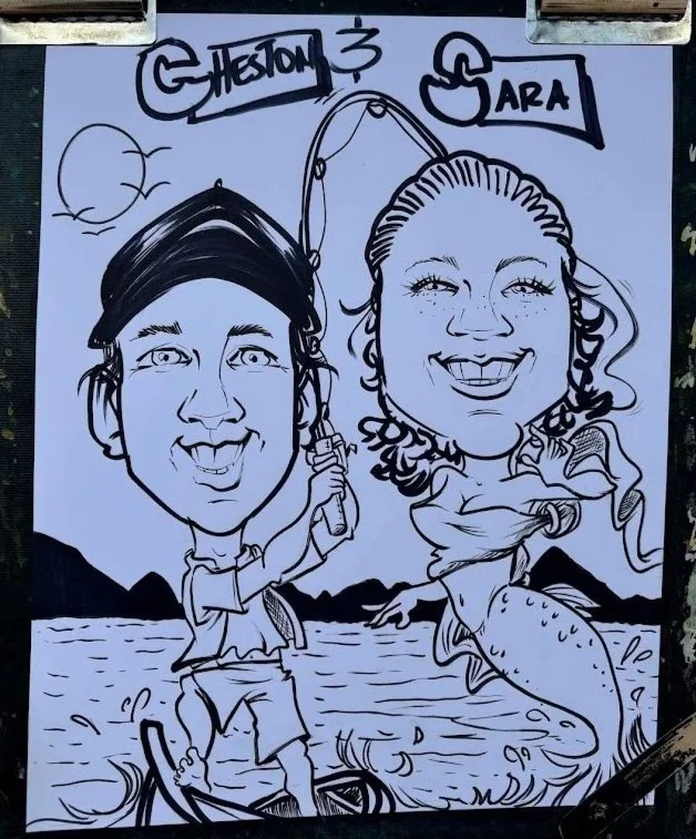 Caricature of a man and woman fishing on a boat with a mountainous landscape in the background.