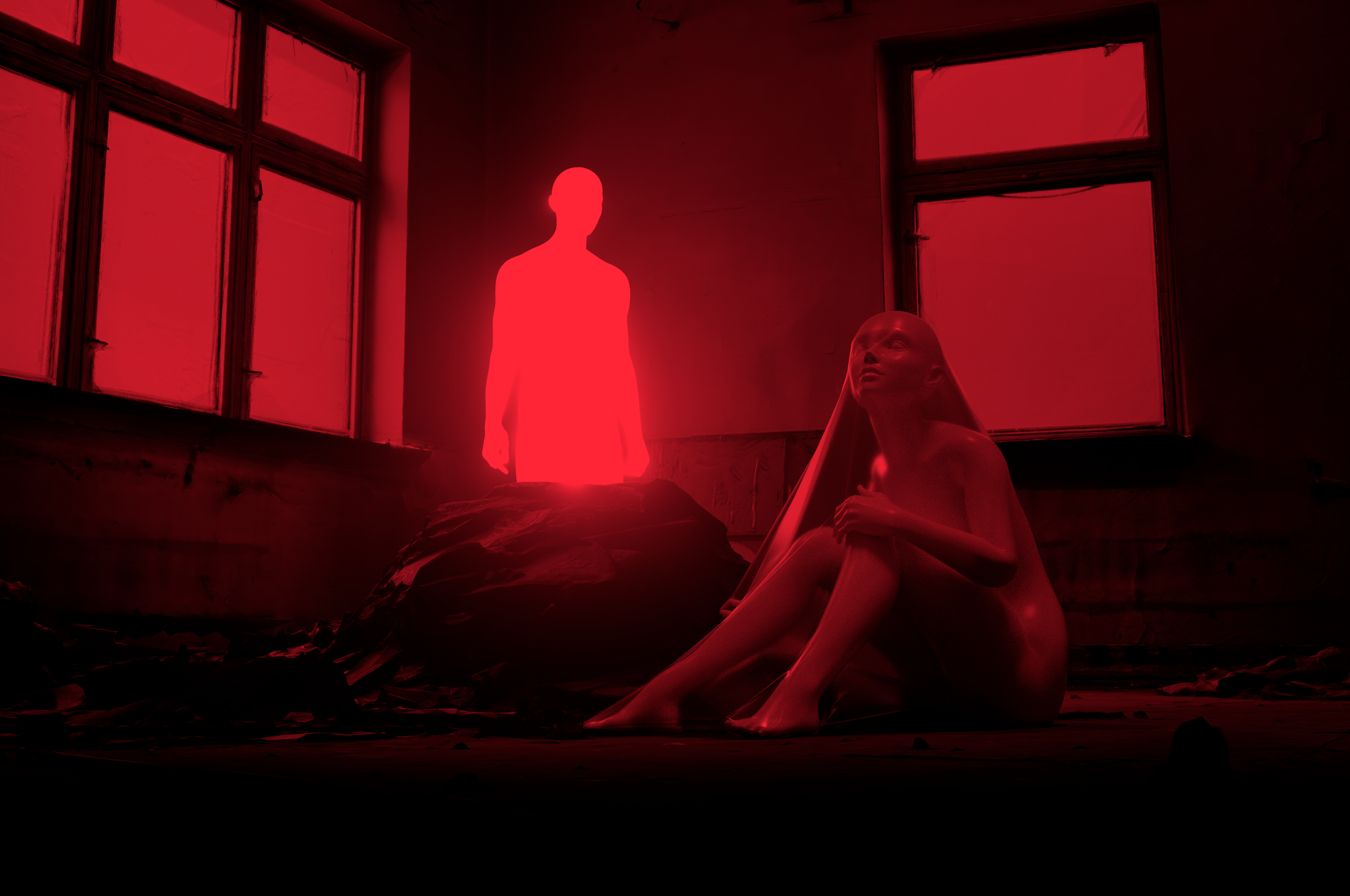 A dimly lit room with red lighting, featuring a silhouette of a standing person and a mannequin sitting on the floor, surrounded by scattered debris near broken windows.