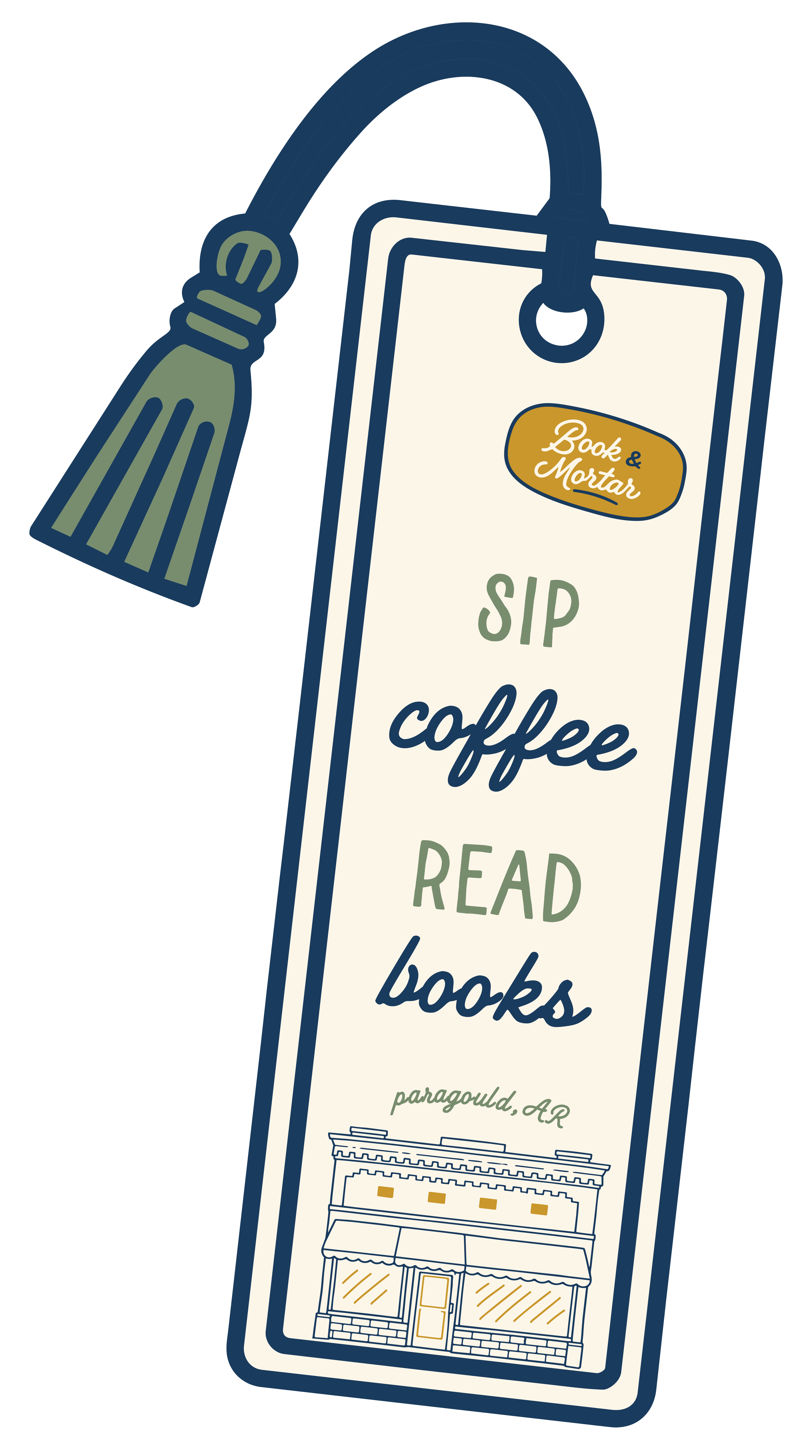 A door hanger with a blue border, featuring a small storefront illustration, and text that reads 'SIP coffee READ books'. There is a green tassel hanging from the top of the hanger.