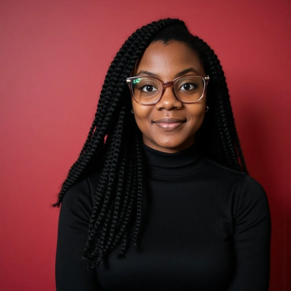 Close-up portrait of a young woman with long braided hair, wearing glasses and a black turtleneck, smiling softly against a red background.
