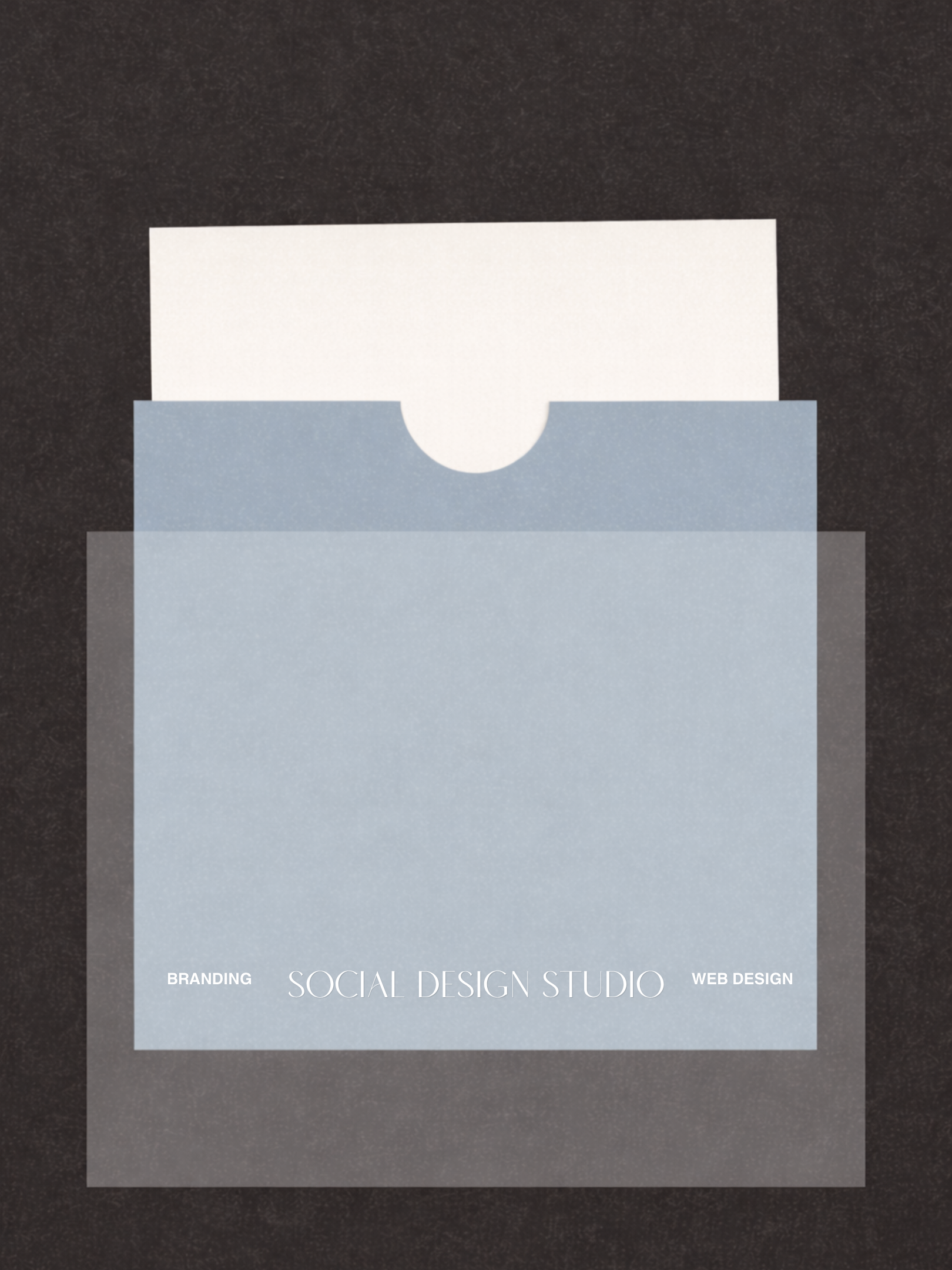 A business card on a dark background with the text 'BRANDING', 'SOCIAL DESIGN STUDIO', and 'WEB DESIGN' at the bottom.