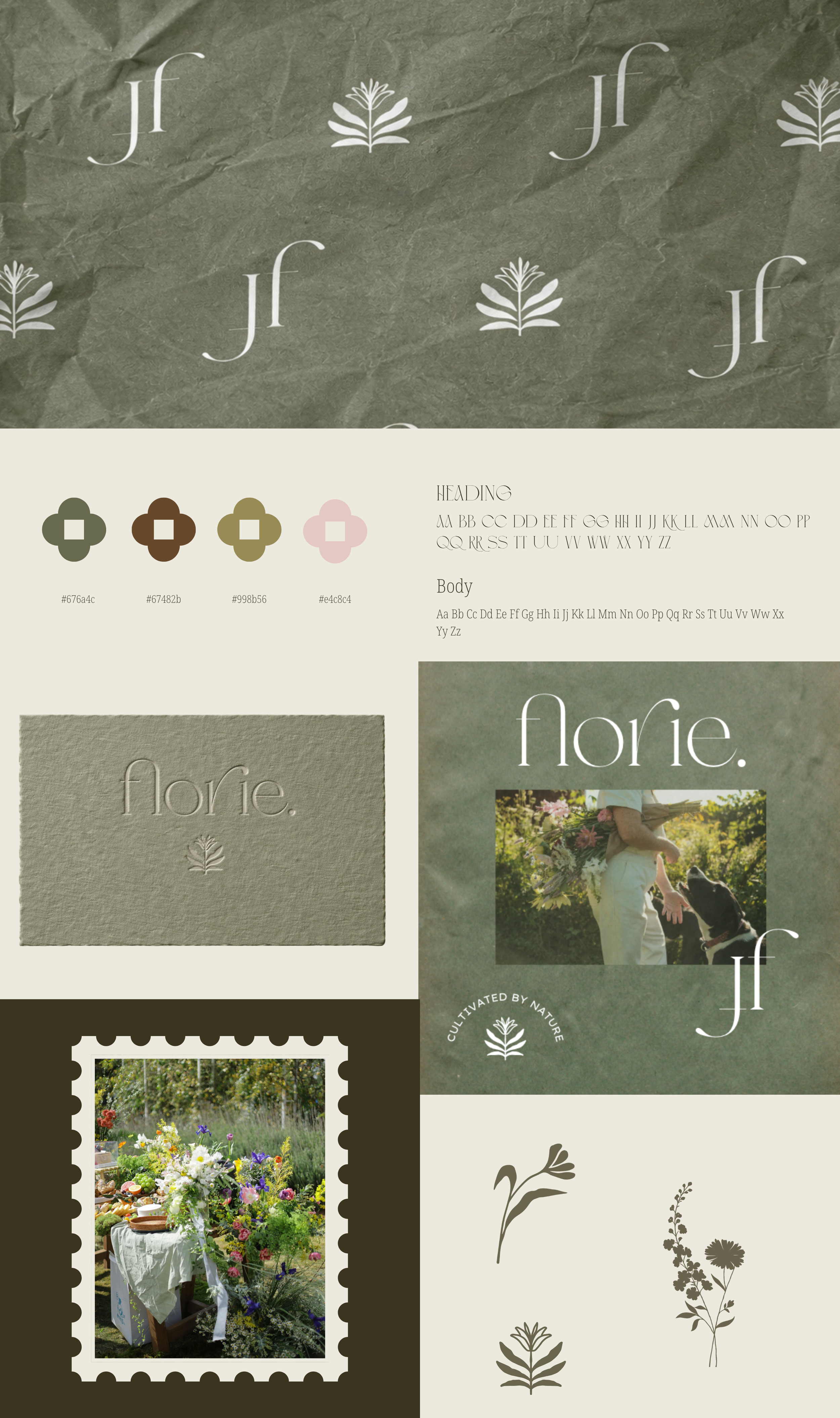 A collage design with various elements. The top section features a textured green background with a repeating logo of a stylized plant and the initials 'jf'. The middle section displays a color palette with four colors and their hex codes, along with text examples for heading and body fonts. The lower section includes a photo of a person with a dog at a flower farm, a stamp image of a flower arrangement, and minimalist flower illustrations on a light background. The overall theme emphasizes nature, growth, and floral elements.