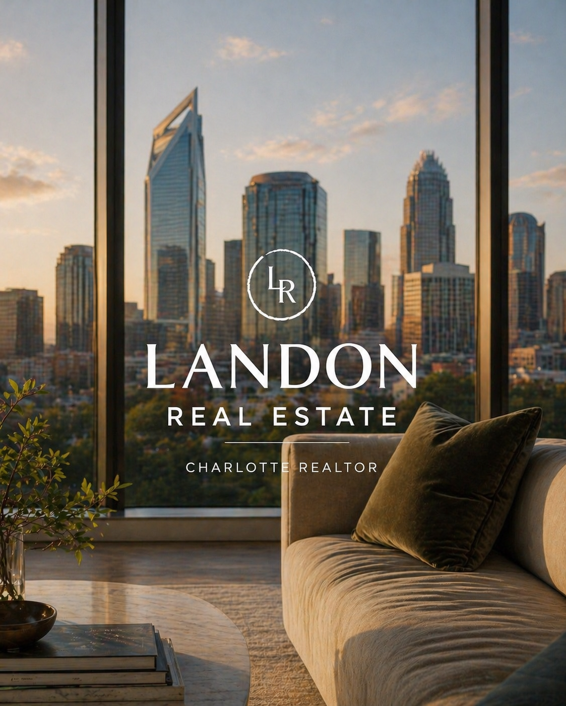 View of a modern city skyline from a high-rise apartment with floor-to-ceiling windows, with the text overlay promoting Landon Real Estate, Charlotte Realtor.