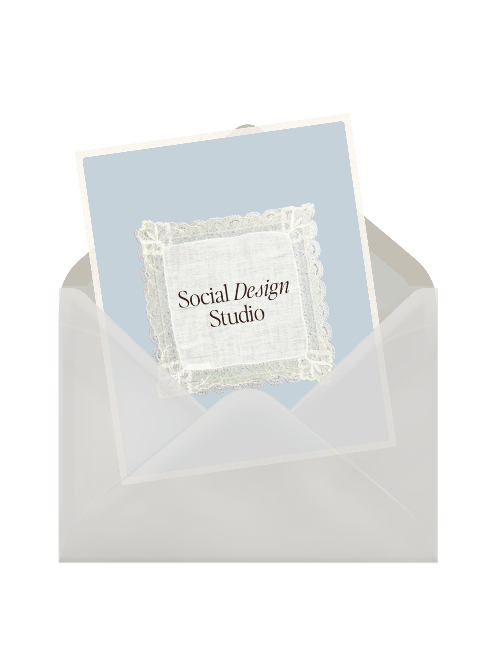 A wedding invitation card with lace borders inside an open white envelope.