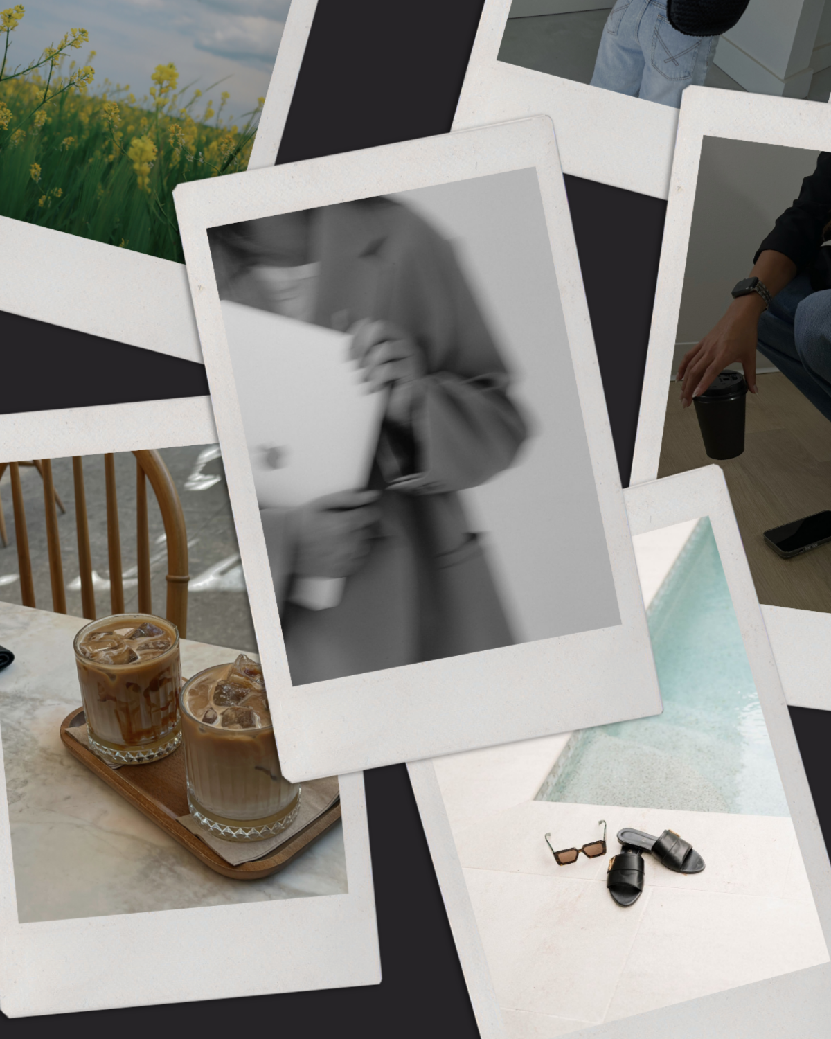 Collection of overlapping photographs including iced coffee drinks, a person holding a coffee mug, a person using a laptop, a scenic outdoor view, and accessories like sunglasses and a camera.