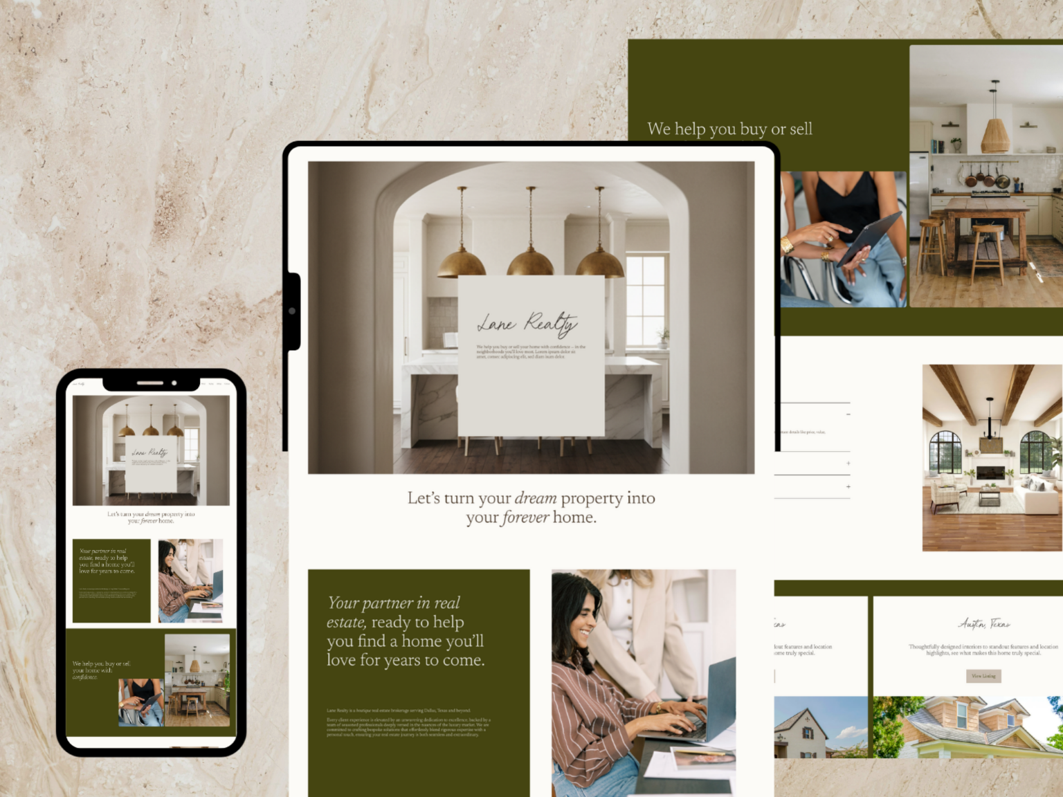 A real estate website displayed on a smartphone and two tablets, showcasing interior design images of a modern kitchen, living room, and people working on laptops.