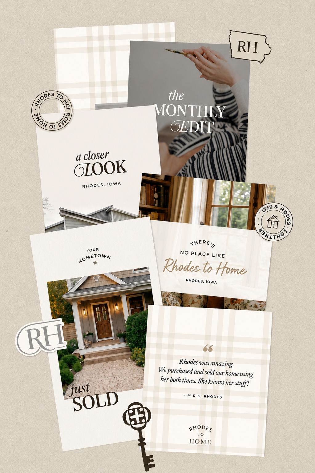 Collage of real estate documents and photos, including a house, with phrases about Rhodes, Iowa, home selling, and personal testimonials, decorated with house and sleutel icons and circular stamps.