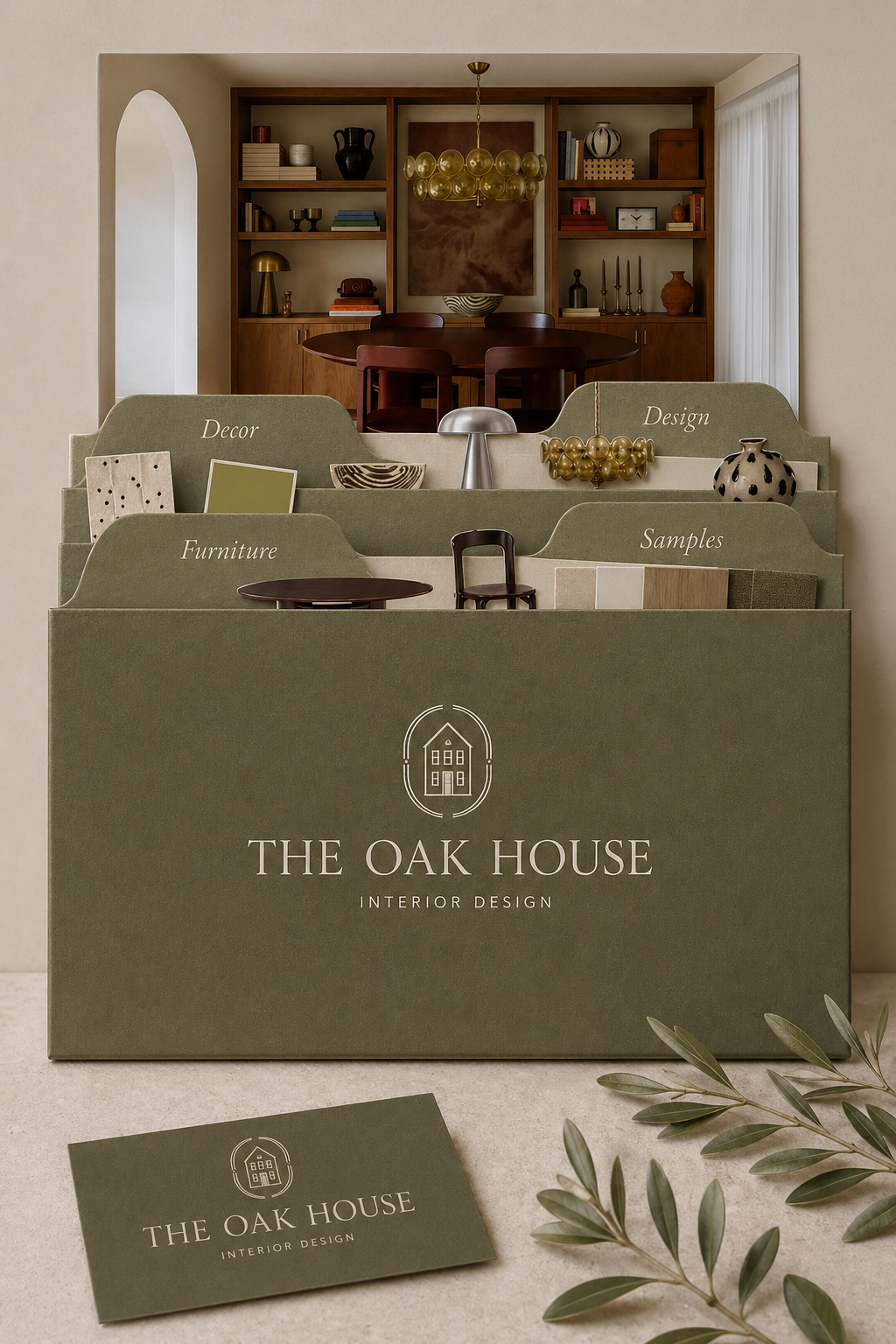 A display stand with labels for decor, design, furniture, and samples in front of a stylish interior room with a wooden dining table and built-in shelves decorated with various objects and artwork.