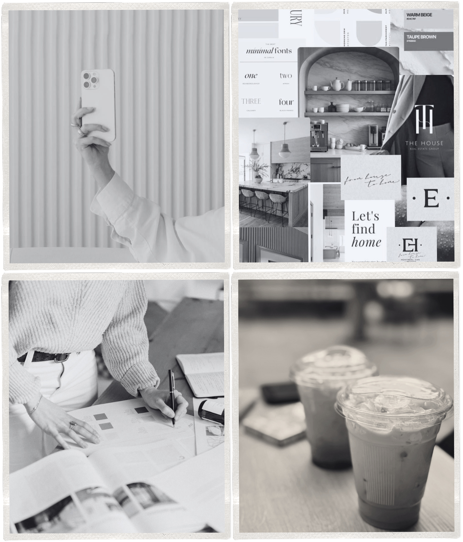 Collage of four black and white photos. Top left shows a hand holding a smartphone in front of a curtain. Top right displays a collage of interior design images with text about home and a real estate group. Bottom left features a person writing or drawing on a large printed sheet with a book and other papers nearby. Bottom right depicts three iced coffee drinks with lids on a table.