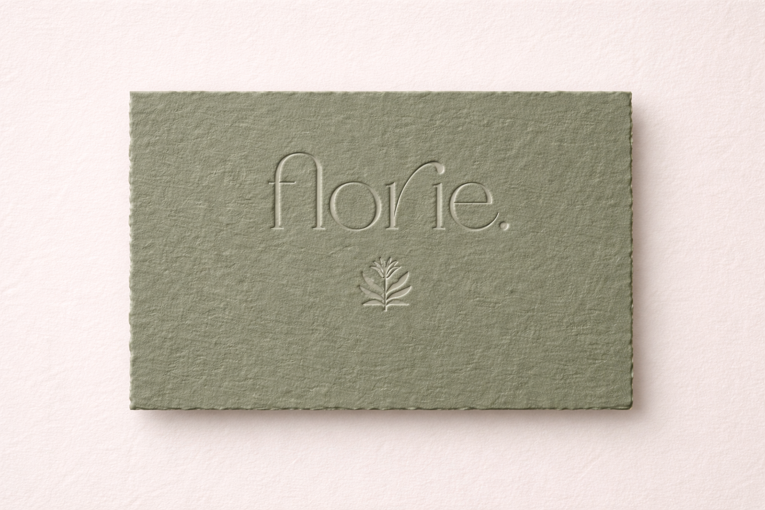 A textured, greenish-gray rectangular card with the word 'flora' embossed in the center, accompanied by a small embossed plant icon below it.
