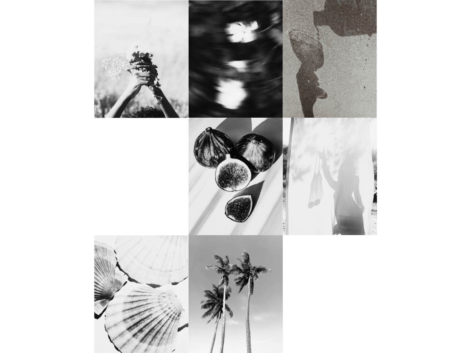 Collage of black and white photographs depicting nature scenes: hands holding flowers, water ripples, children playing, figs, seashells, and palm trees.