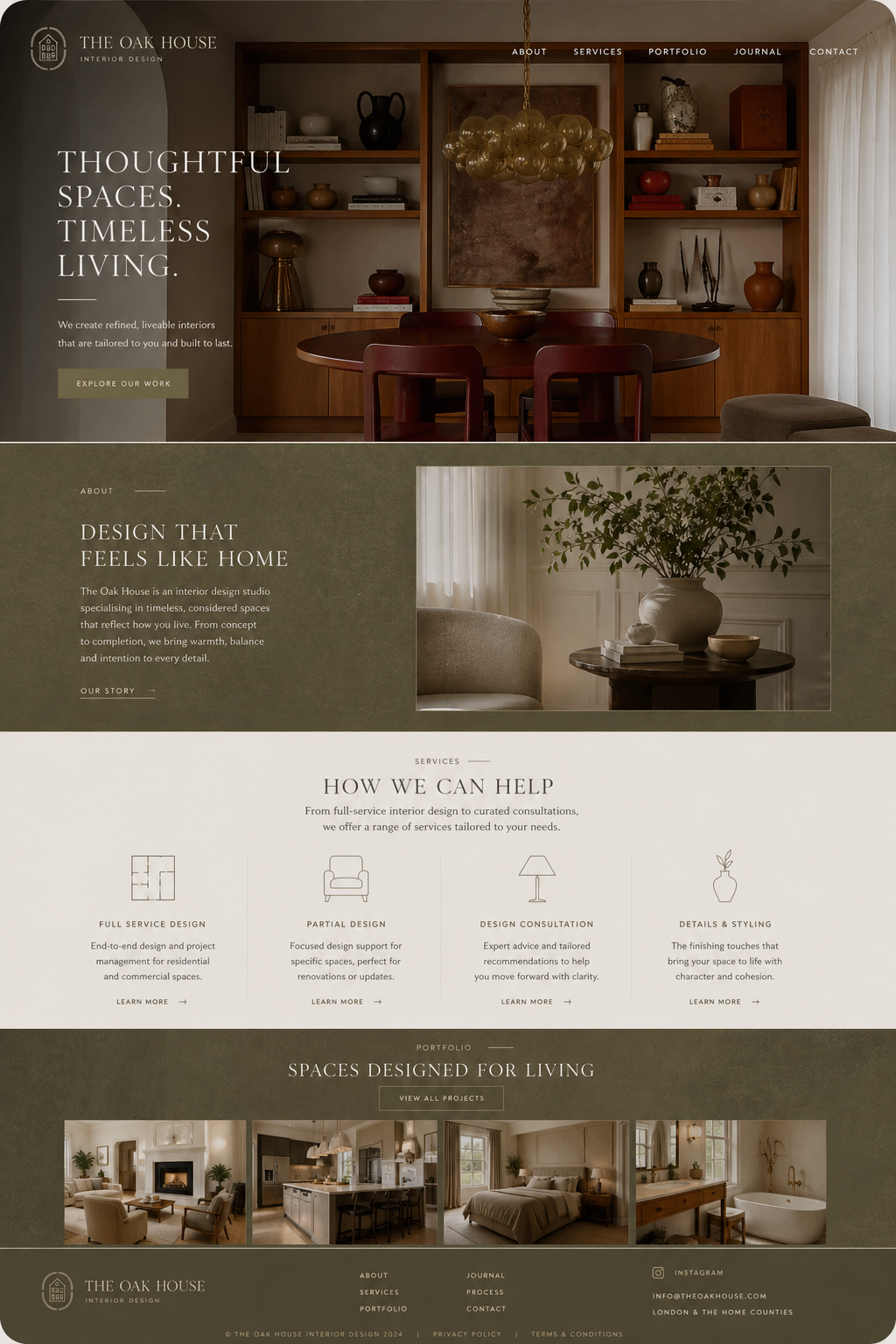 A homepage of an interior design studio website titled 'The Oak House Interior Design' featuring images of elegant, thoughtfully decorated rooms and text describing their services and philosophy.