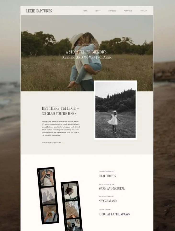 Website homepage for Lexie Captures, featuring a personal photography portfolio with nature-themed images, introduction, and photography style description.