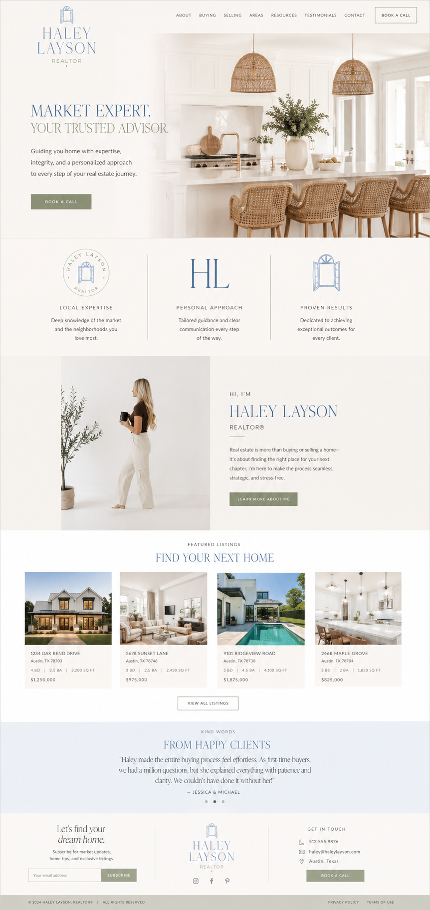 Homepage of Haley Layson, a real estate realtor, featuring a bright kitchen with island and bar stools, a section with her photo and introduction, listings of homes for sale, and contact information.