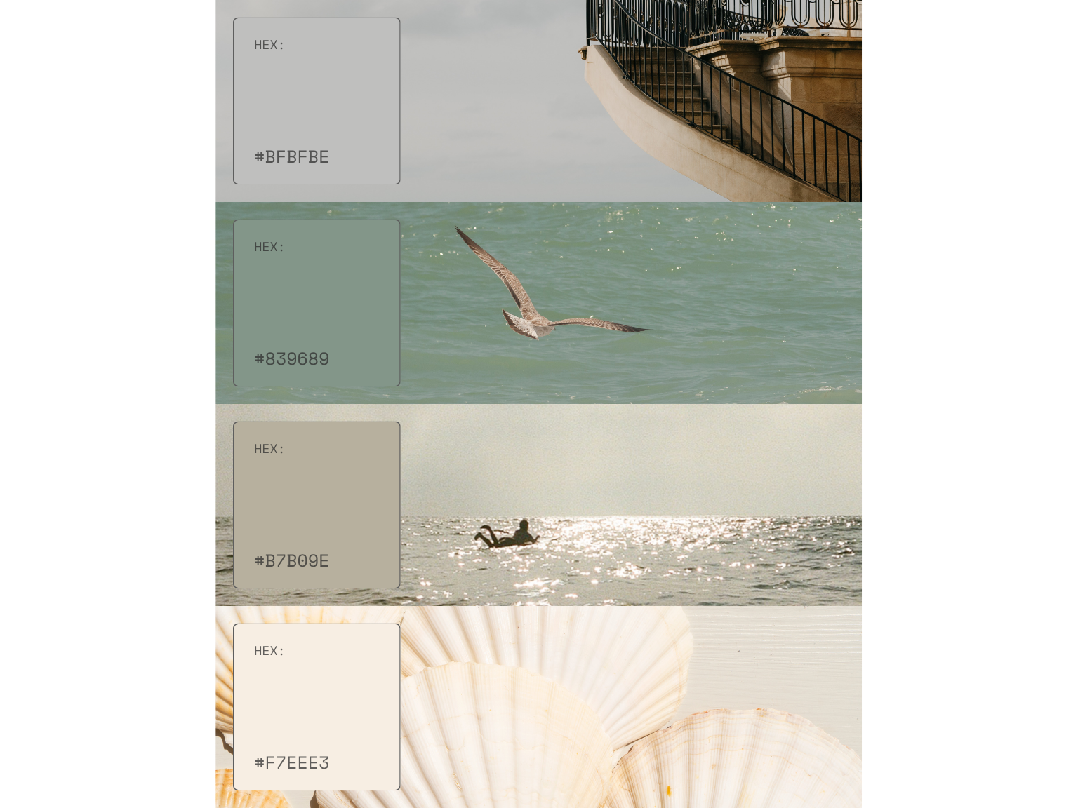 Beach scene with a seagull flying over the water, a person floating in the ocean, and a building with a balcony in the background.