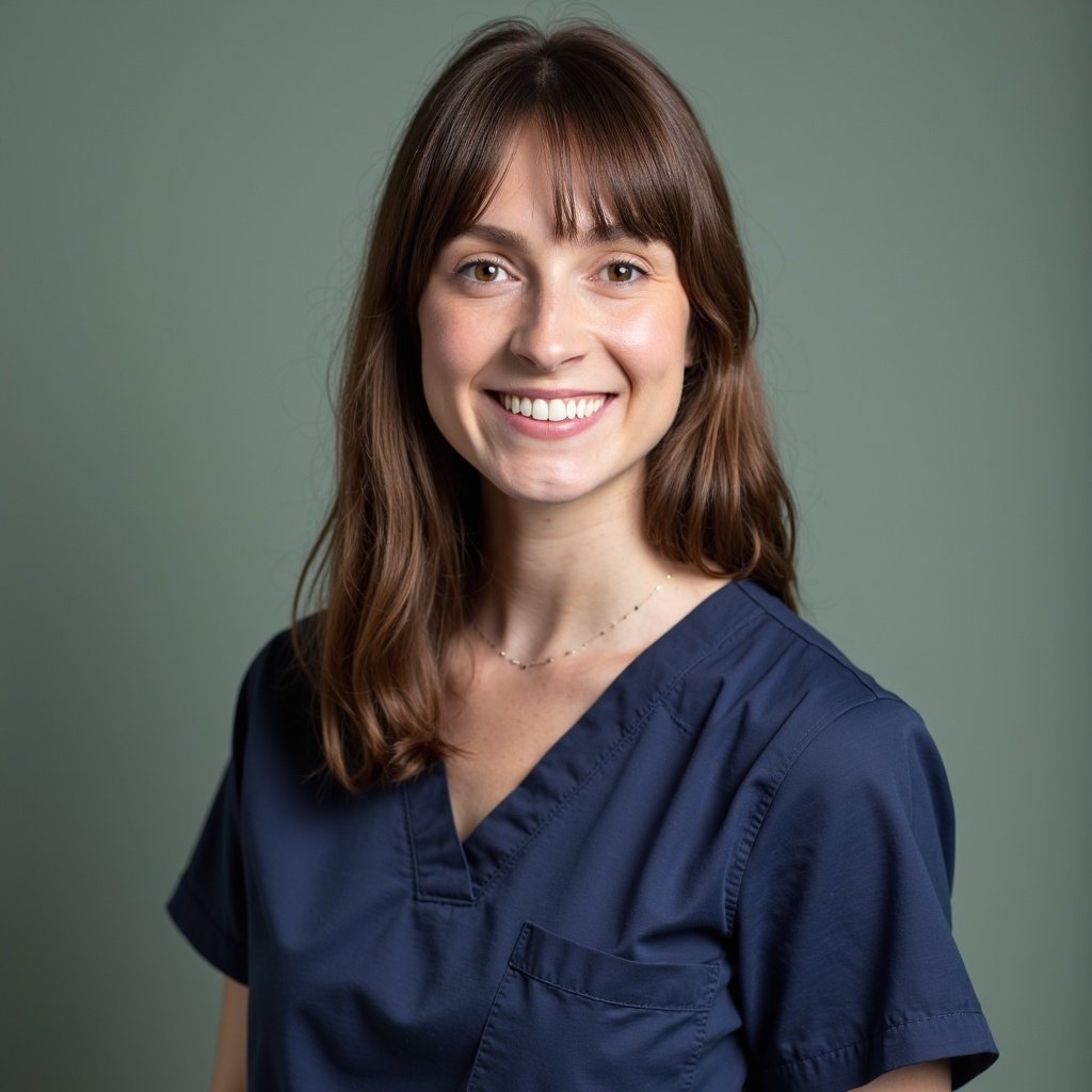 A young woman with brown hair and bangs smiling at the camera, wearing navy medical scrubs against a muted green background.