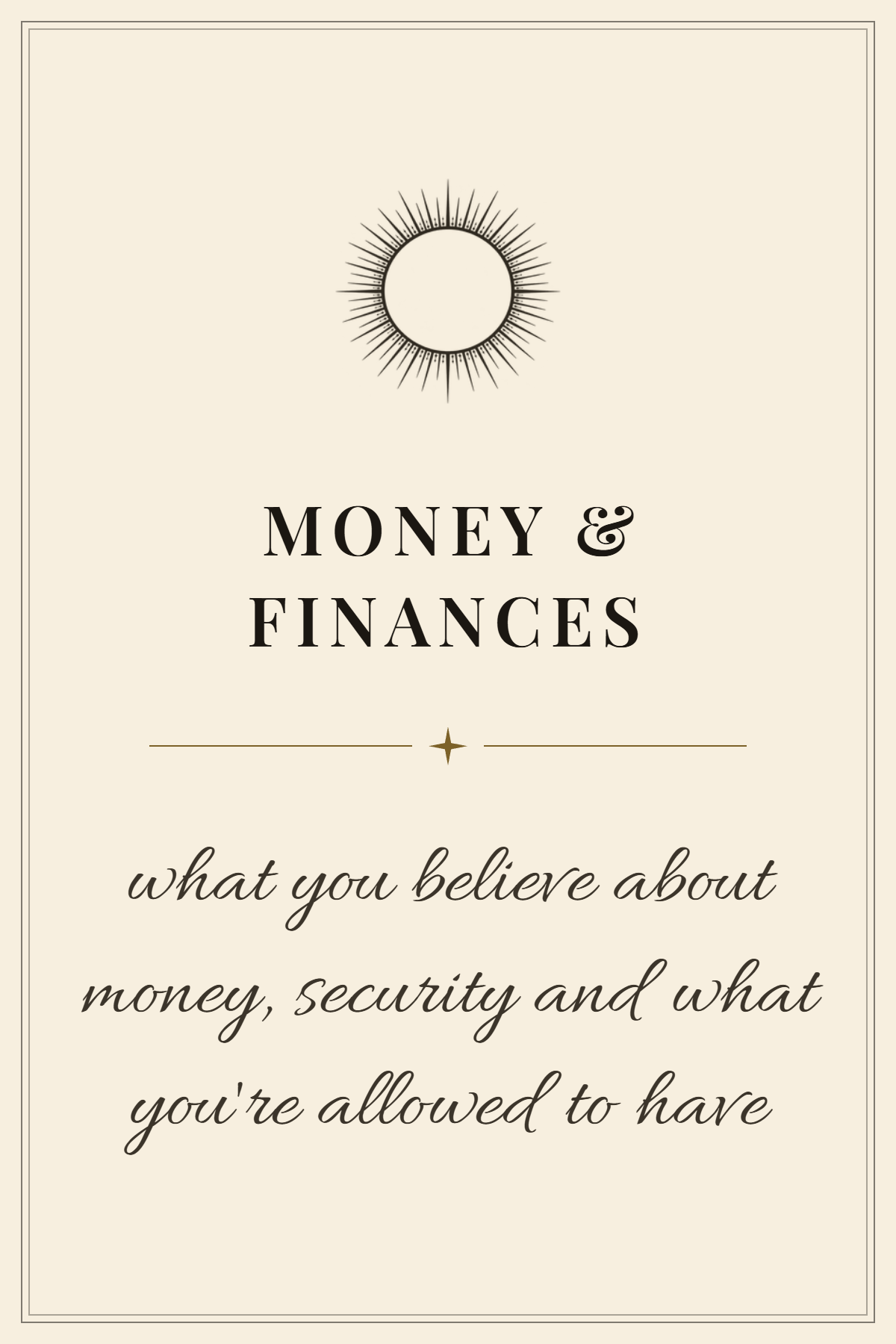 Book cover titled "Money & Finances" with a subtitle about beliefs on money, security, and financial management. The cover features a circular design with lines radiating outward, and the background is a light beige color with simple black text.
