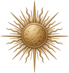 A decorative sun with a textured circular center resembling the moon, surrounded by radiating golden rays.