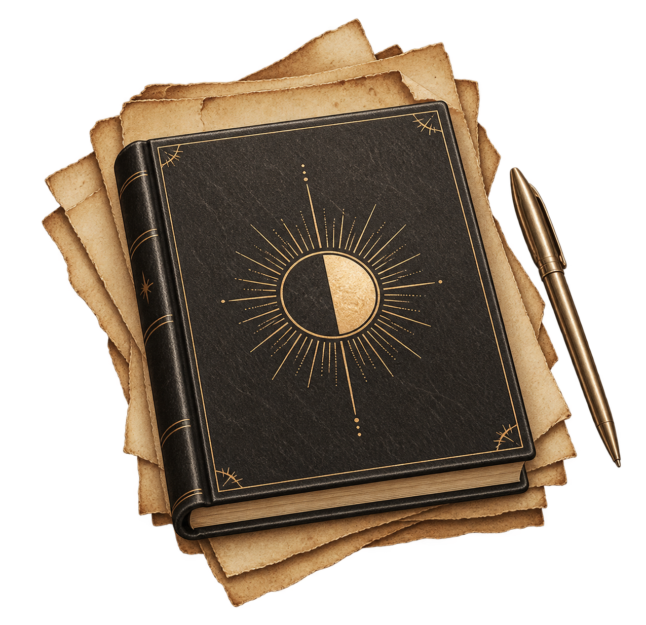 A black leather-bound journal with a gold celestial design on the cover, placed on a stack of aged parchment papers, with a gold pen beside it.