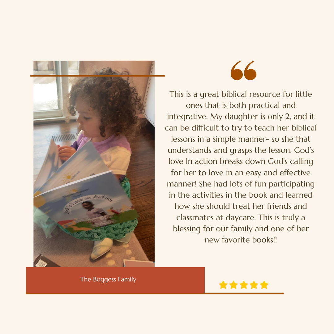 A young girl with curly hair sits on the floor reading a colorful children's book titled 'God's Love in Action'. She wears a pink and white shirt and appears to be near a window with a heater below. There is a caption below the photo that says 'The B