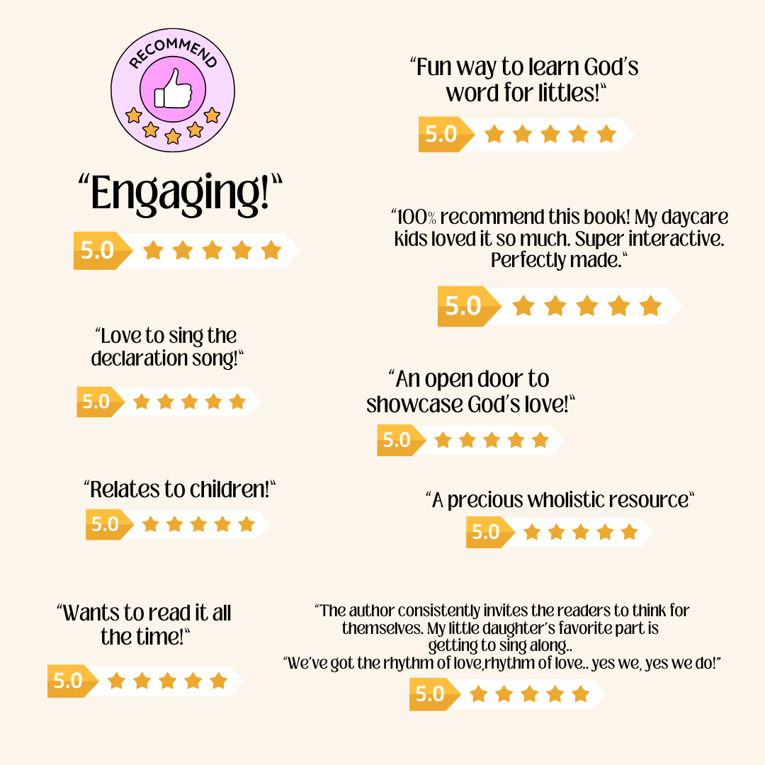 A compilation of five-star reviews and positive comments about a children's book that focuses on learning God's word through engaging activities, songs, and storytelling. The reviews highlight that it is highly recommended, interactive, suitable for 